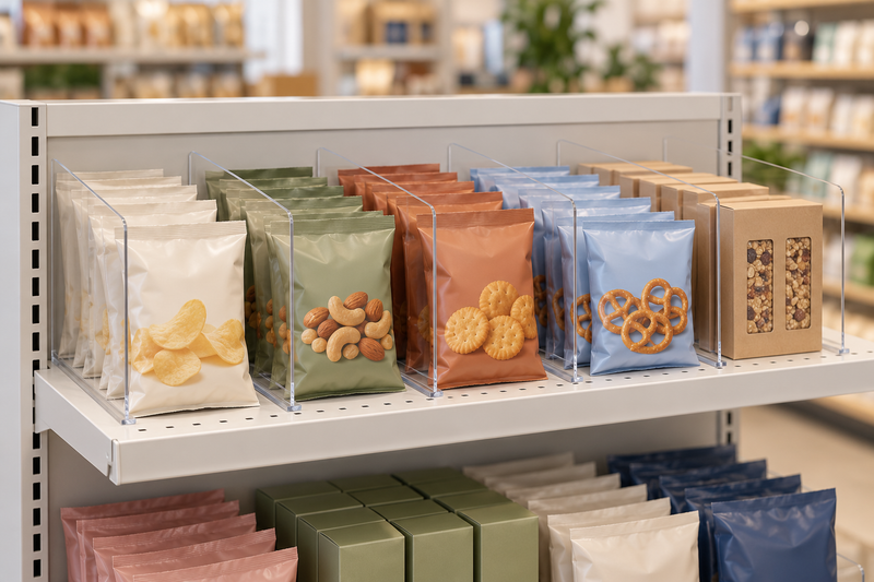 Clear magnetic acrylic shelf dividers keeping packets in neat lanes on a white steel shop shelf