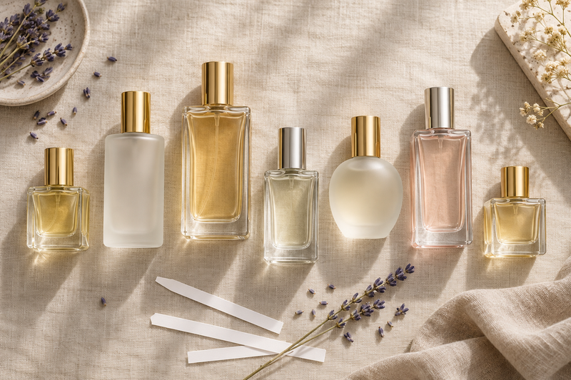 A row of unbranded designer inspired perfume bottles on a soft neutral backdrop