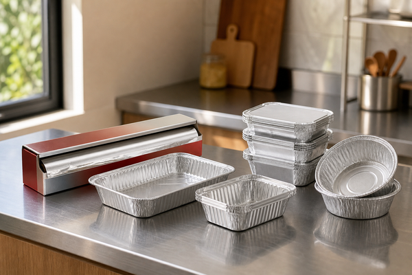 Commercial kitchen bench with foil rolls, catering trays and takeaway containers ready for service