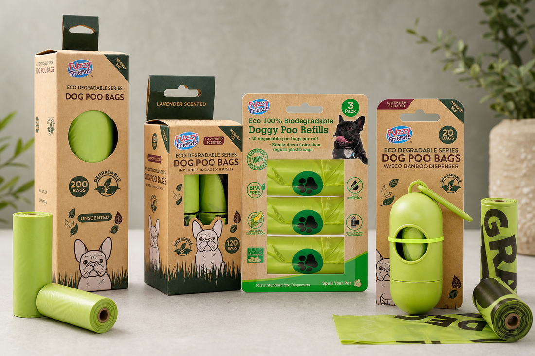 Range of eco-degradable dog waste bags in unscented, lavender-scented and dispenser formats on a neutral surface