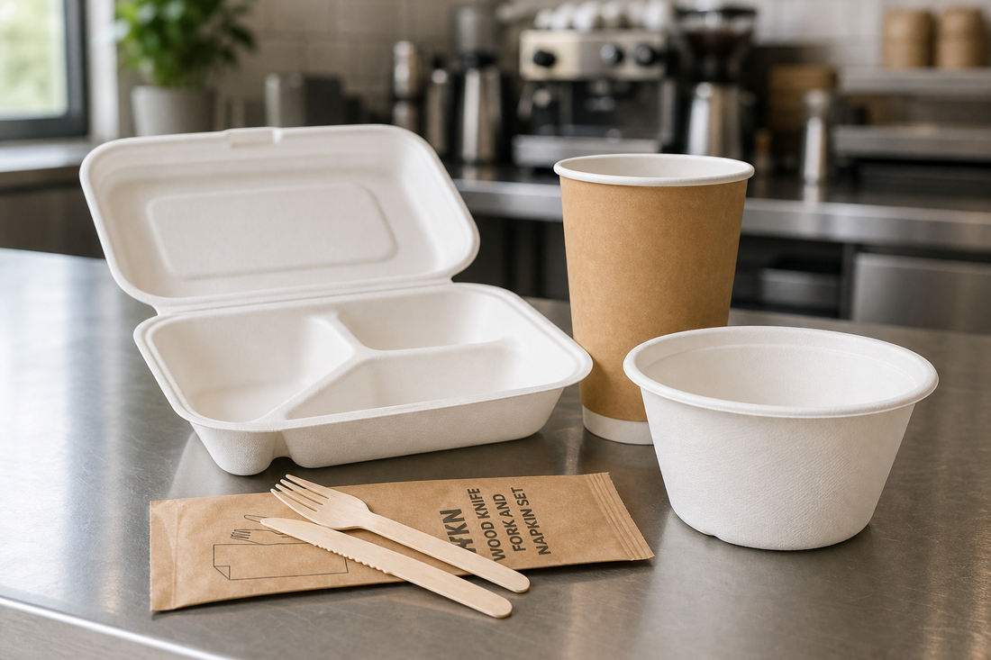 Sugarcane containers, kraft cups and wooden cutlery on a cafe back-of-house bench