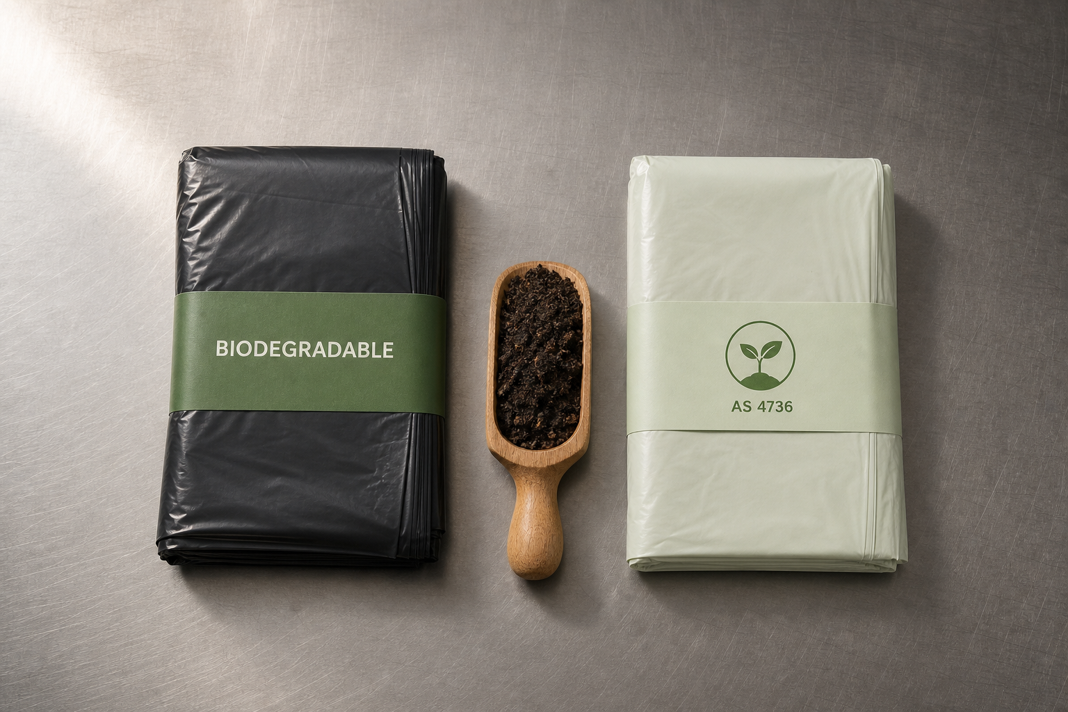 Biodegradable plastic garbage bag next to AS 4736 certified compostable bin liner on a stainless workbench