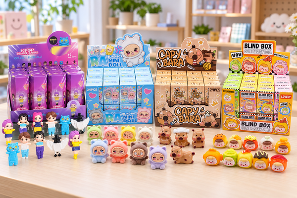 Blind box collectibles spread - K-Pop Demon Hunters, Mini Labubu and Capybara sealed cartons and figures on a retail counter