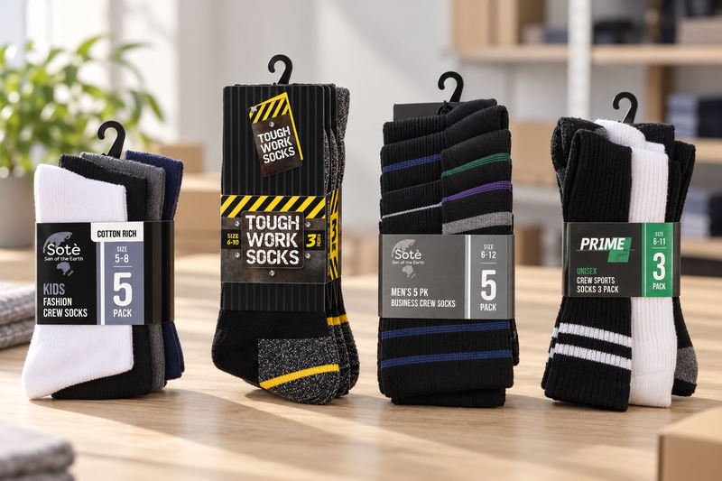 Wholesale sock multi-packs - work, business, school and sports styles - laid out on a trade counter