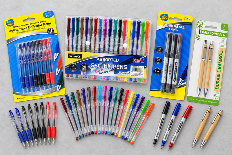 Multipacks of ballpoint, gel and rollerball pens laid out on a trade supply desk
