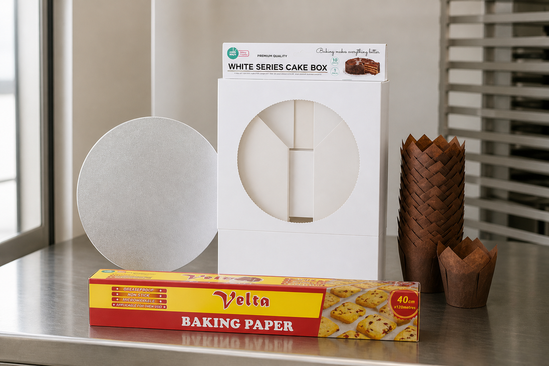 Wholesale bakery packaging spread - cake boxes, cake boards, muffin liners and baking paper on a Melbourne bakery dispatch bench