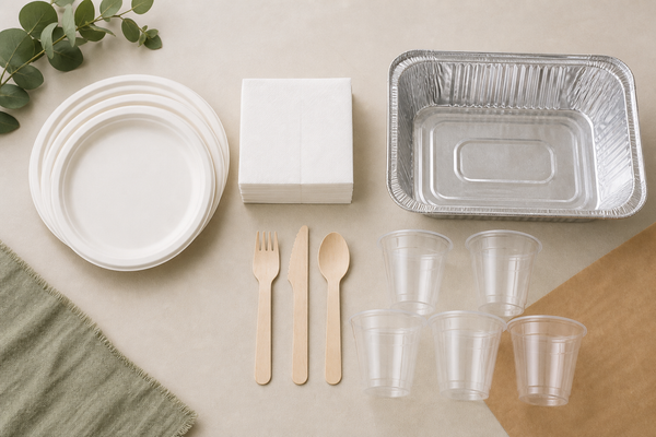 Wholesale catering supplies laid out for planning - disposable plates, cutlery, cups, napkins and foil trays in carton quantities