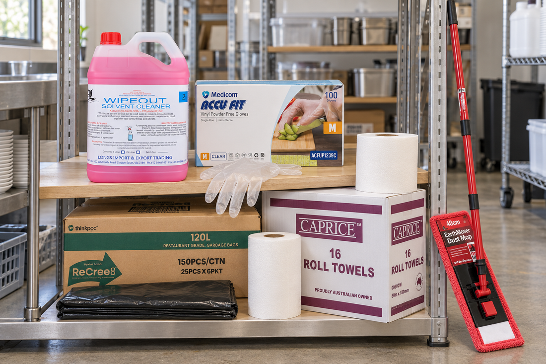 Commercial cleaning supplies on a back-of-house shelf - chemical bottles, gloves, bin liners and paper towel rolls
