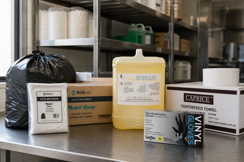 Cartons of bulk cleaning supplies - bin liners, dishwashing concentrate, gloves and paper towel - on a Melbourne back-of-house shelf
