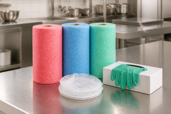 Colour-coded commercial kitchen cleaning station with red, blue and green wipe rolls, gloves and hairnets