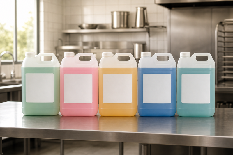 Row of commercial cleaning concentrate drums on a stainless steel back-of-house bench