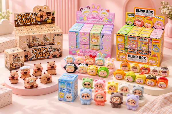 An assortment of cute capybara, animal and pastry doll blind box figures with their display boxes