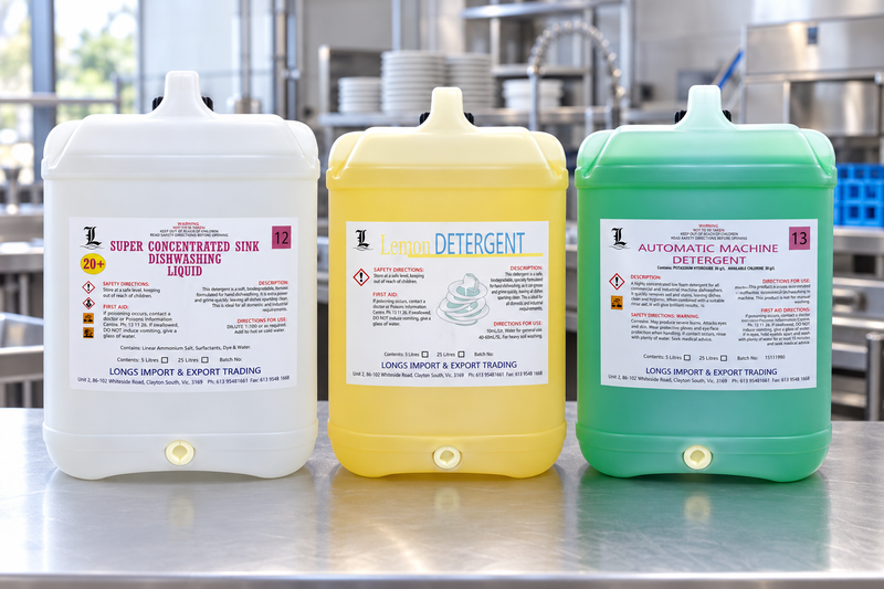 Bulk dishwashing liquid drums - 25L hand concentrate and 20L auto machine detergent on a commercial kitchen bench.