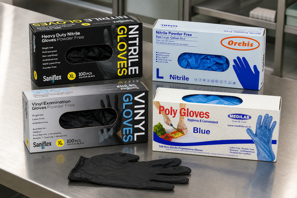 Cartons of disposable nitrile and vinyl gloves stacked for bulk wholesale supply