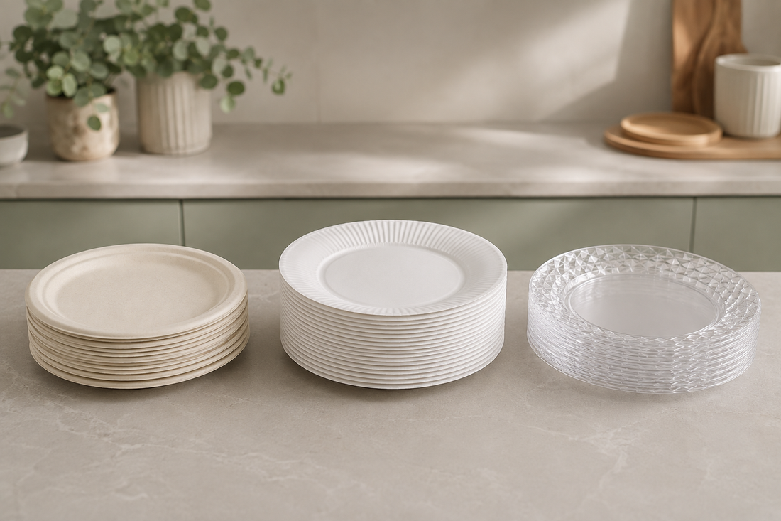 Paper, plastic and sugarcane disposable plates arranged side by side on a catering prep bench