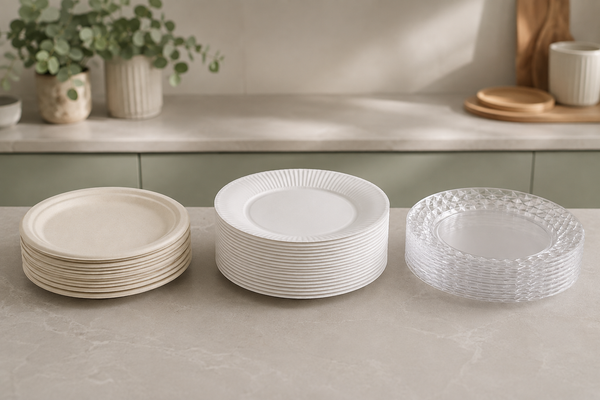Paper, plastic and sugarcane disposable plates arranged side by side on a catering prep bench