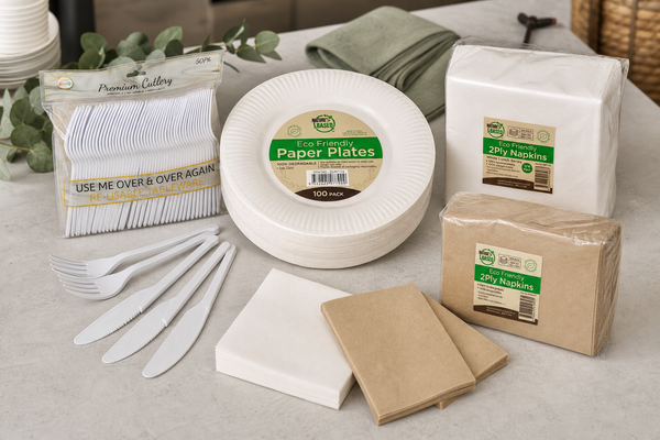 Wholesale disposable tableware for catering - eco paper plates, reusable plastic cutlery and paper napkins for a Melbourne event