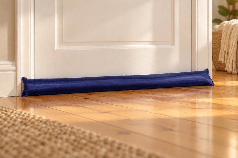 Plain navy weighted door snake lying across the gap at the base of a white timber door on a polished floor