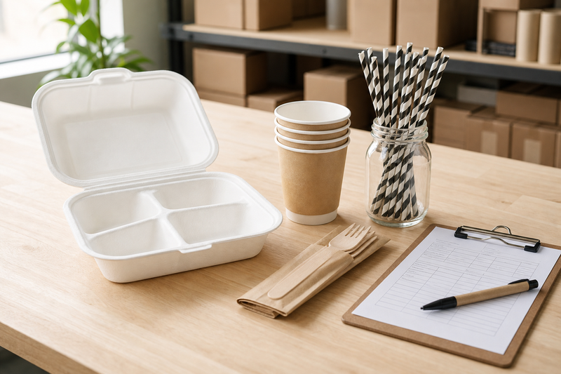 Certified eco packaging on a bench - sugarcane clamshell, kraft cups, wooden cutlery and compostable bin liners