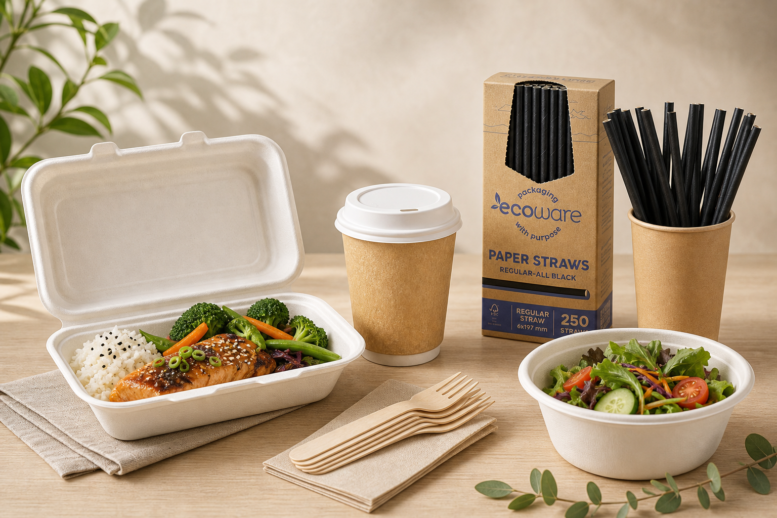 Eco-friendly food packaging range for cafes - sugarcane clamshell, kraft coffee cup, wooden cutlery and paper straws