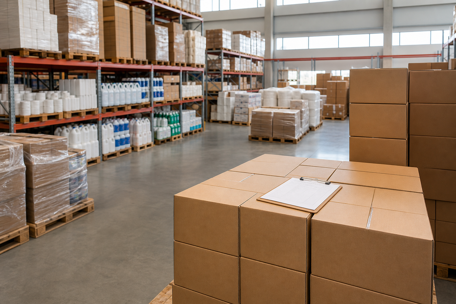 EOFY wholesale stock-up - pallets of bulk business supplies ready for end of financial year ordering