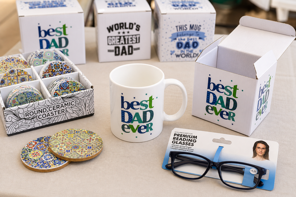 Gift-boxed bone china Father's Day mugs and small dad gifts arranged on a school stall table