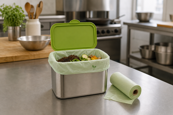 Lime-green FOGO caddy in a Melbourne commercial kitchen with an AS 4736 certified compostable bin liner