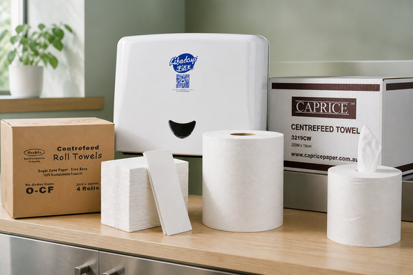 Stacks of bulk folded interleaved hand towels beside a washroom dispenser and commercial paper towel rolls on a bench.