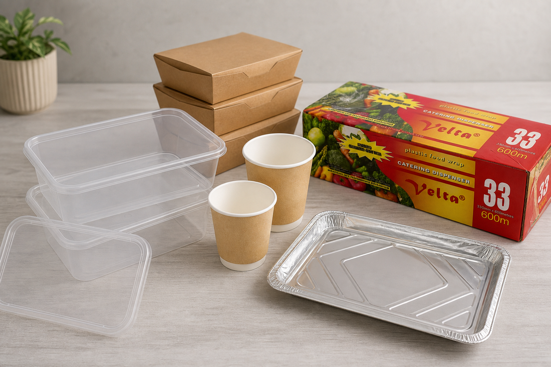 Melbourne cafe back-of-house shelf stocked with wholesale food packaging - takeaway containers, coffee cups, foil trays and cling wrap
