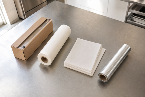 Cling wrap, baking paper, greaseproof paper and aluminium foil rolls on a commercial kitchen bench