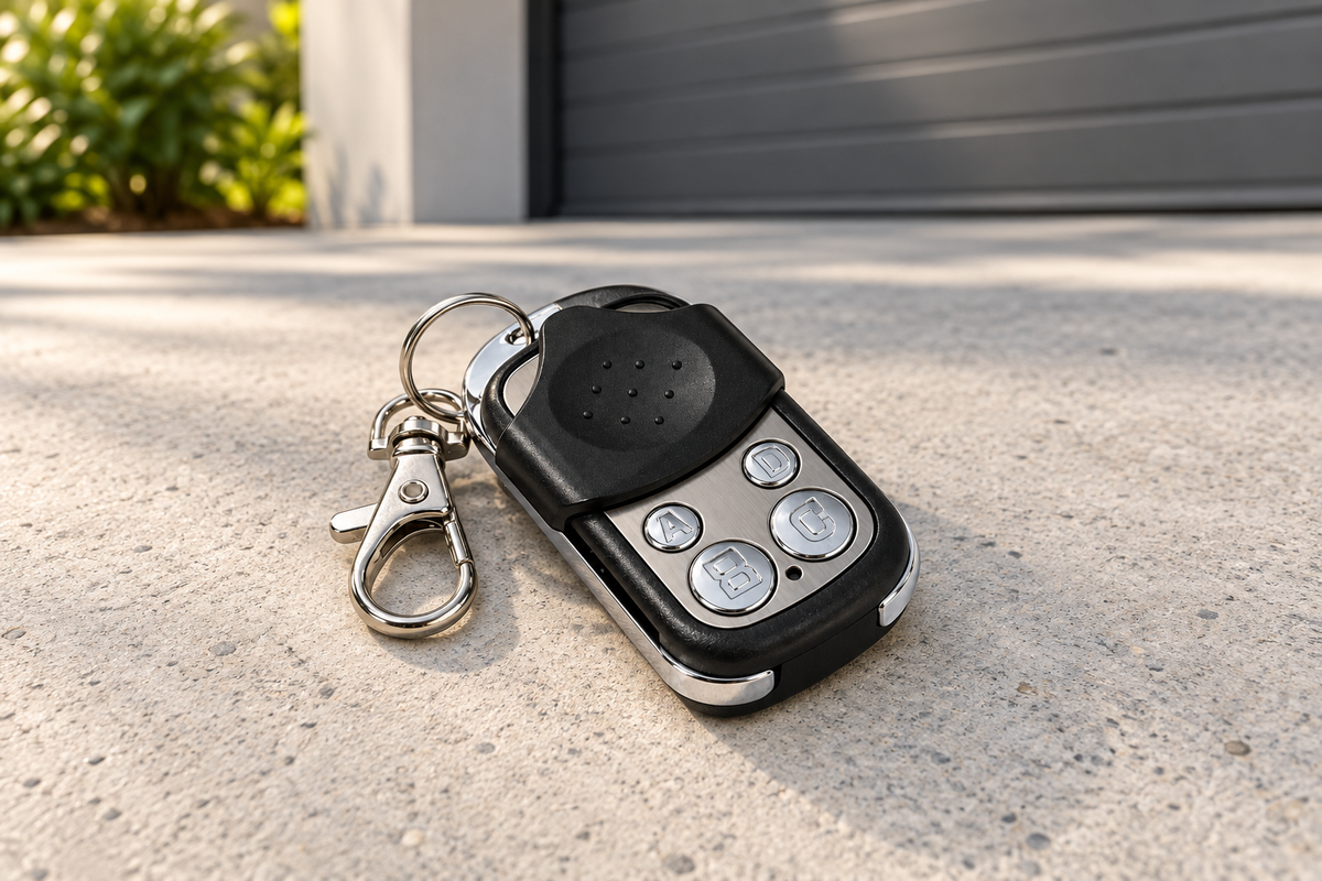 Universal 433MHz garage door remote replacement key fob resting beside a roller door controller