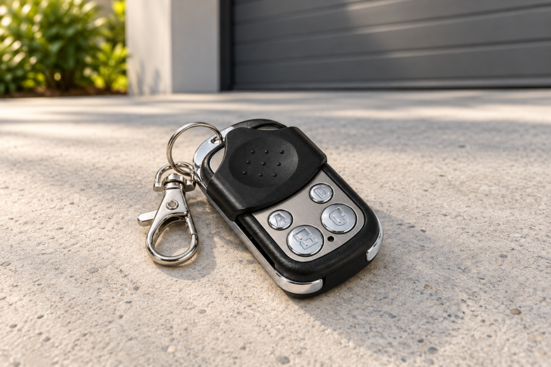 Universal 433MHz garage door remote replacement key fob resting beside a roller door controller