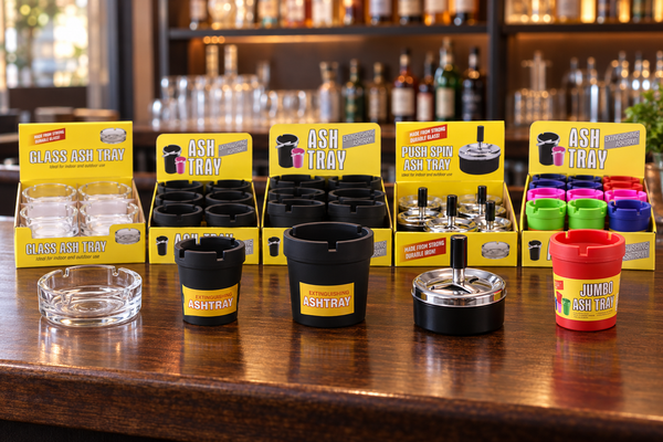 Wholesale ashtray range - glass, black self-extinguishing and push-spin styles arranged on a bar top