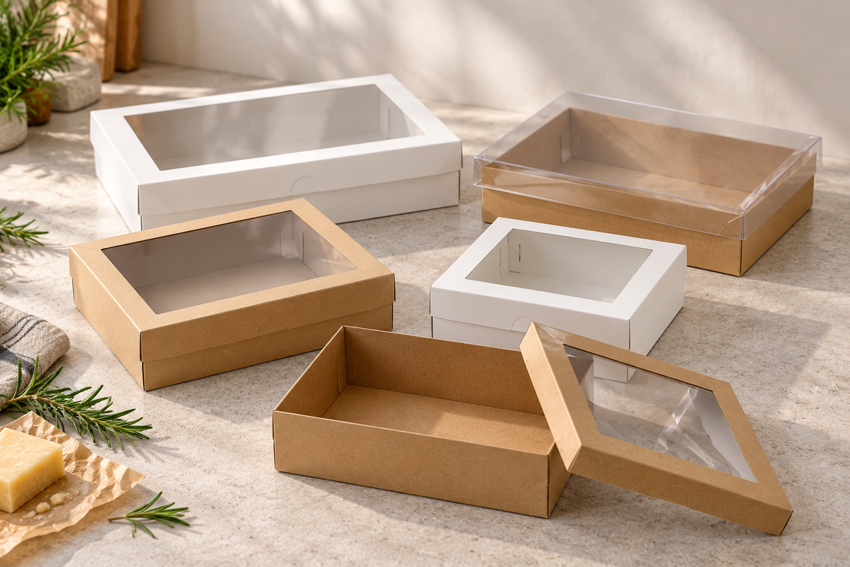 Empty white and kraft grazing boxes with window and clear lids lined up small to large on a catering prep bench