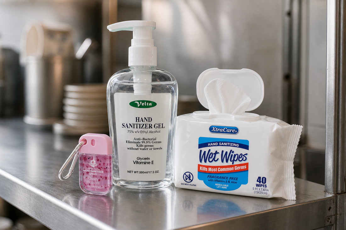 Keyring spray, pump gel bottle and alcohol wipes pack grouped on a venue back-of-house shelf