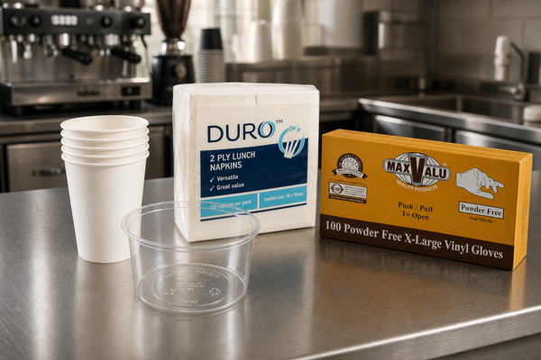 Wholesale hospitality supplies - coffee cups, takeaway containers, napkins and gloves on a Melbourne cafe counter