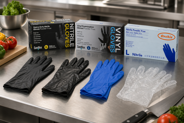Black nitrile, black vinyl and clear poly food handling gloves laid out on a commercial kitchen prep bench