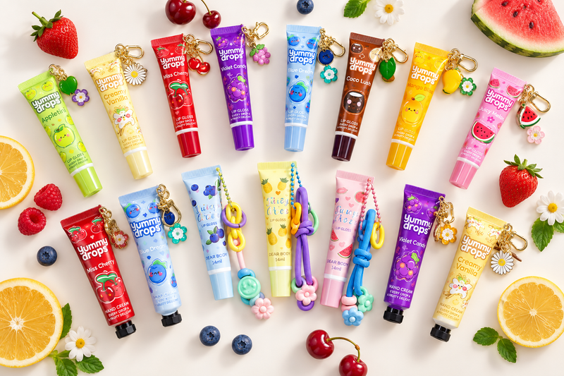 A bulk spread of flavoured lip gloss keychains in assorted colours, ready for party bags and fundraiser stalls