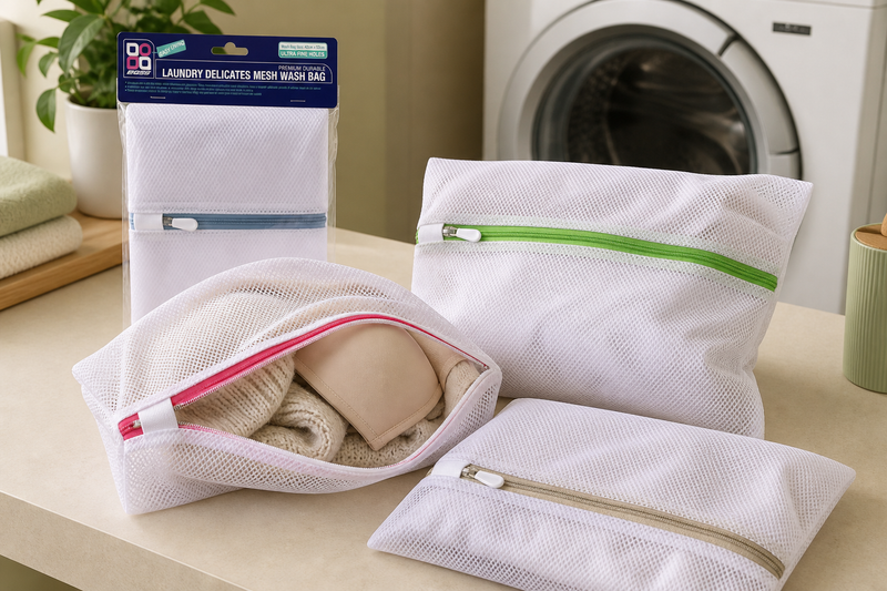 Zip-close mesh laundry bags with folded delicates and knitwear beside a washing machine