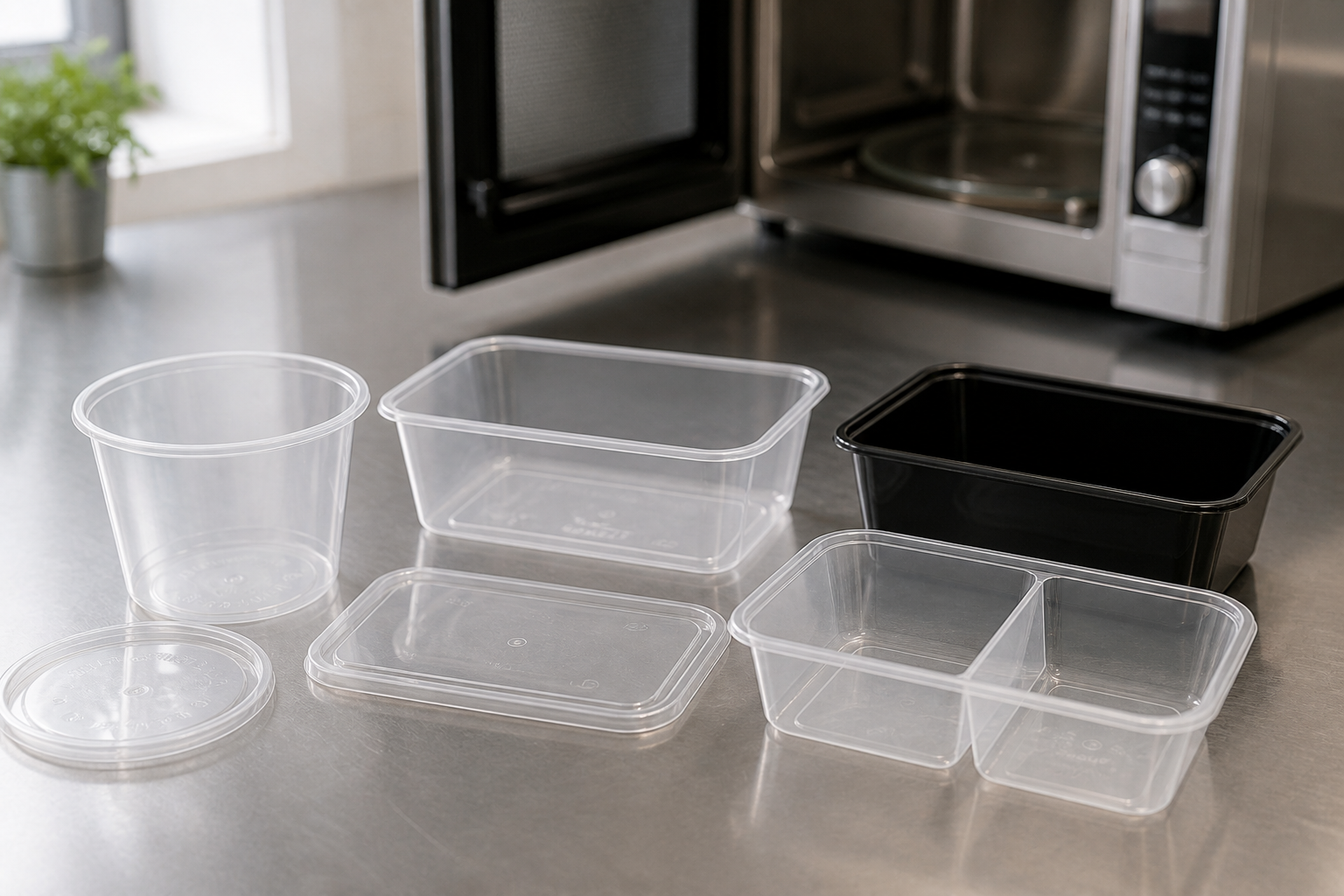 PP microwave-safe takeaway containers stacked on a commercial kitchen bench beside a microwave