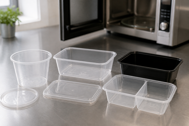 PP microwave-safe takeaway containers stacked on a commercial kitchen bench beside a microwave