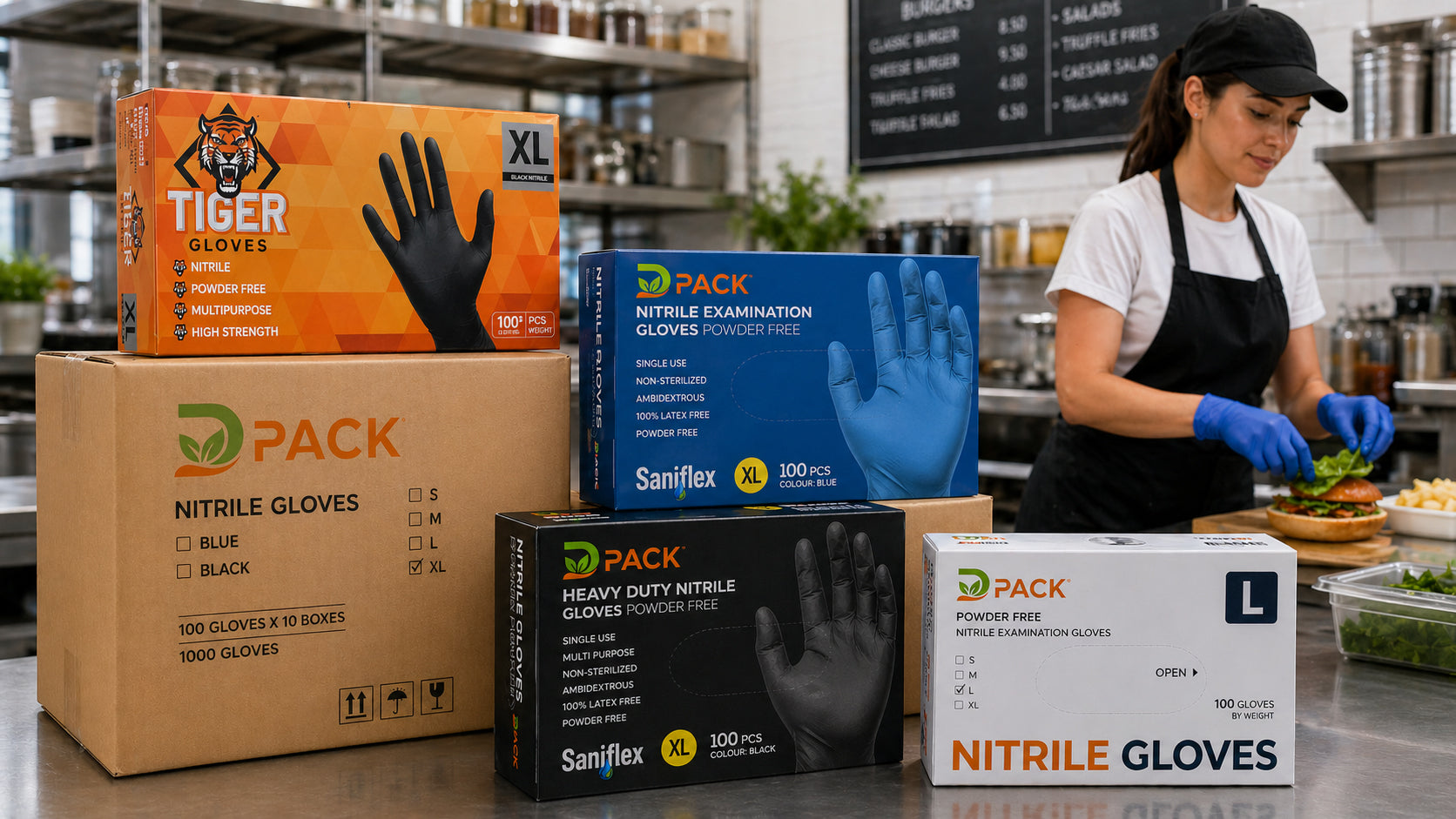 Wholesale nitrile gloves bulk boxes Melbourne DPack blue and black disposable gloves