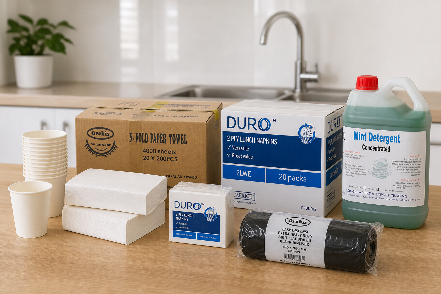 Wholesale office pantry supplies - paper cups, hand towel, napkins, bin liners and dishwashing liquid on an office kitchen bench