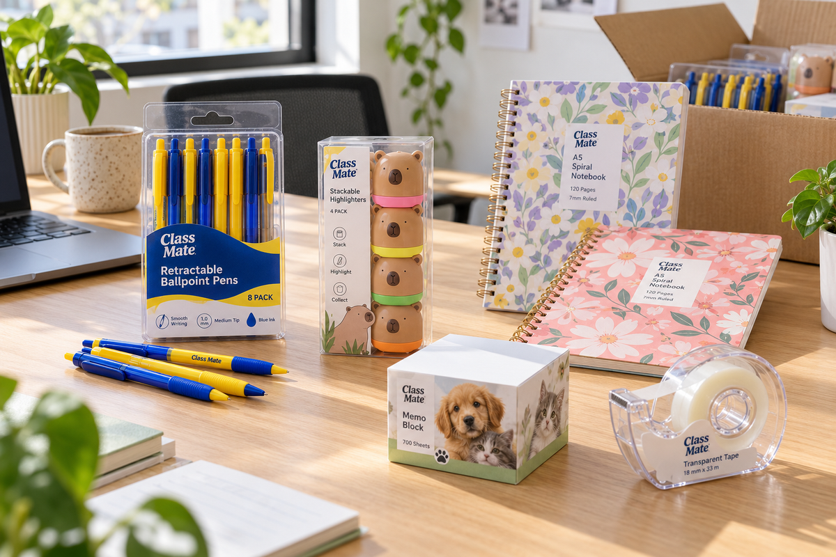 Office supplies and stationery on a shared workplace desk - pens, highlighters, spiral notebooks, memo blocks and tape