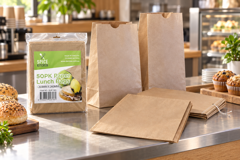 Range of brown kraft paper bags - SOS, flat satchel and long styles - on a cafe counter