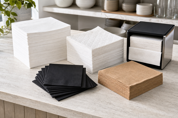 Wholesale paper napkins and serviettes for hospitality - white, kraft and black napkins folded by format