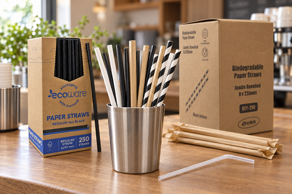 Bulk white, kraft and striped paper straws beside a clear plastic flexi straw on a cafe counter