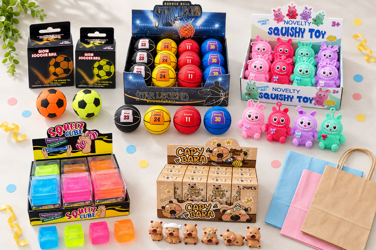 Assorted bulk party bag fillers - bounce balls, squishies and fidget toys spread beside paper party bags