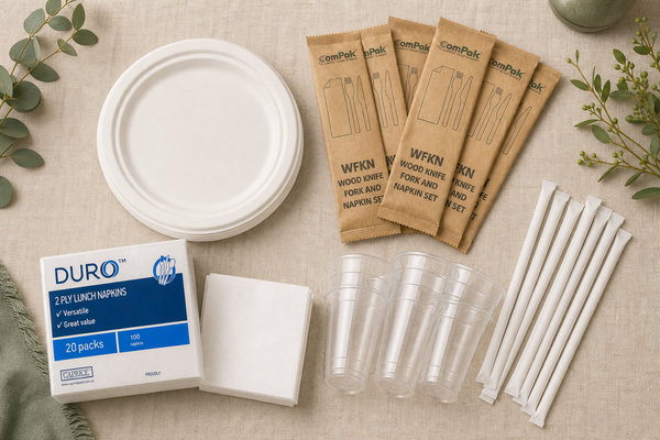 Flat-lay of wholesale disposable tableware - sugarcane plates, wooden cutlery, napkins, cold cups and paper straws