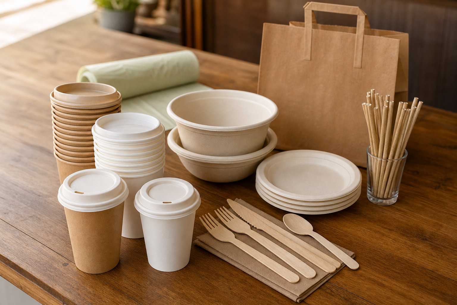 Wholesale plastic-alternative supplies for Australian cafes — paper coffee cups, kraft bags, sugarcane bowls, bamboo cutlery and compostable bin liners on a Melbourne cafe counter
